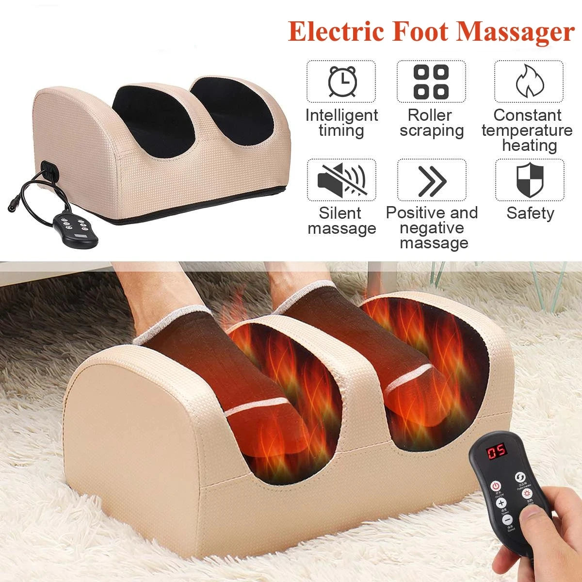 Electric foot massager with remote control, heat therapy, and 3D roller kneading for relaxation and pain relief